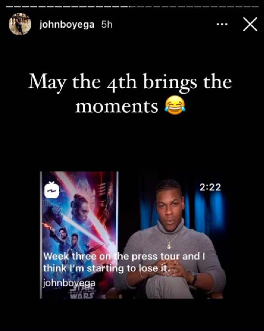Stories no Instagram de John Boyega durante o Dia de Star Wars 2021